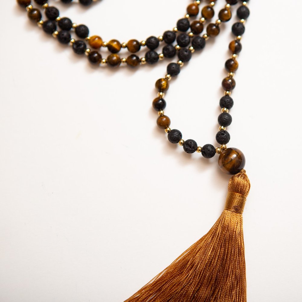 Tiger's Eye & Lava Bead Mala Bead Healing Necklace